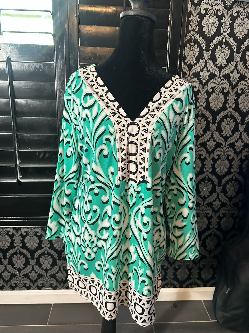JM Collection Teal and White Patterned V-Neck Tunic